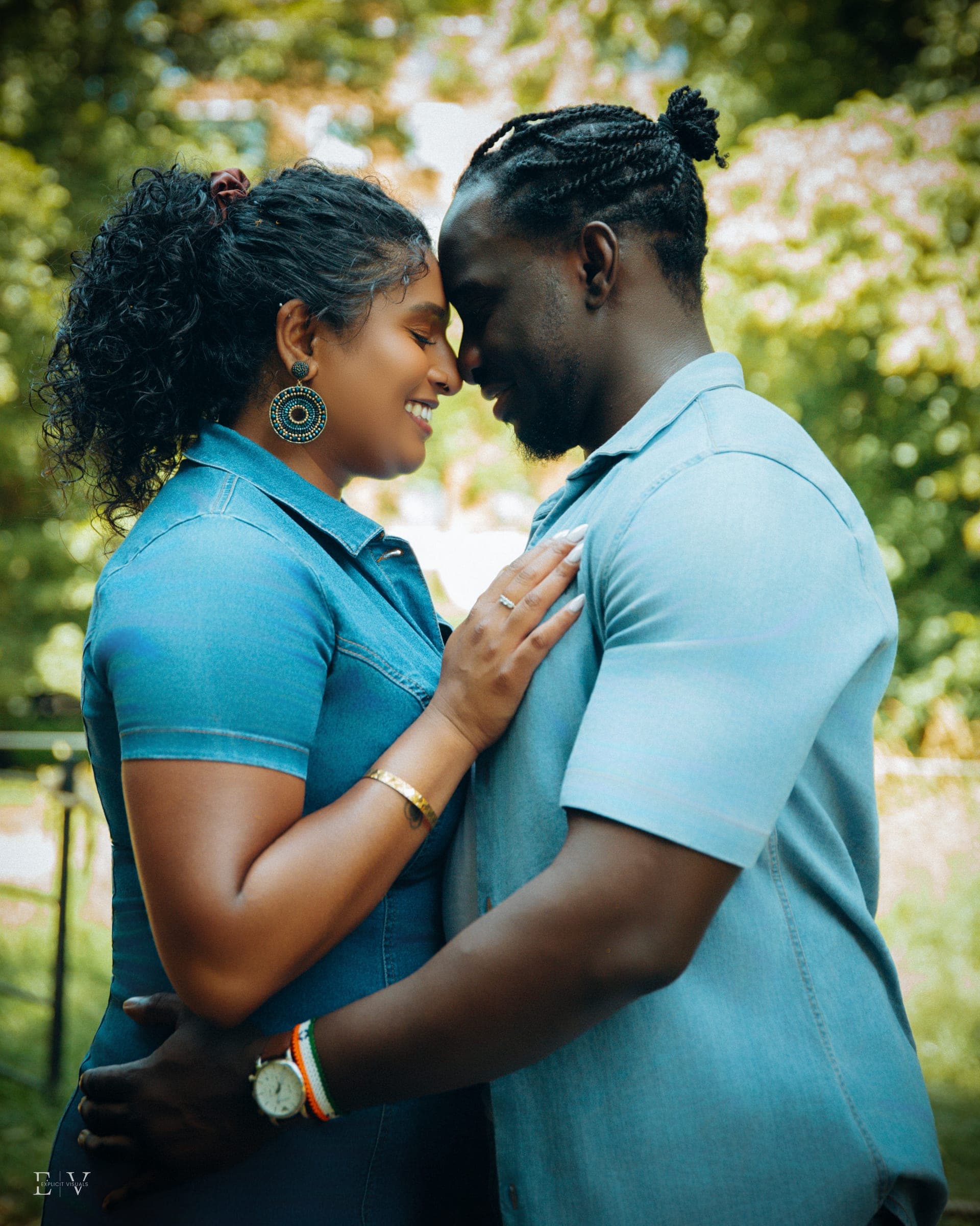 Close in, foreheads touching and eyes closed, one hand laid flat on the other's chest.